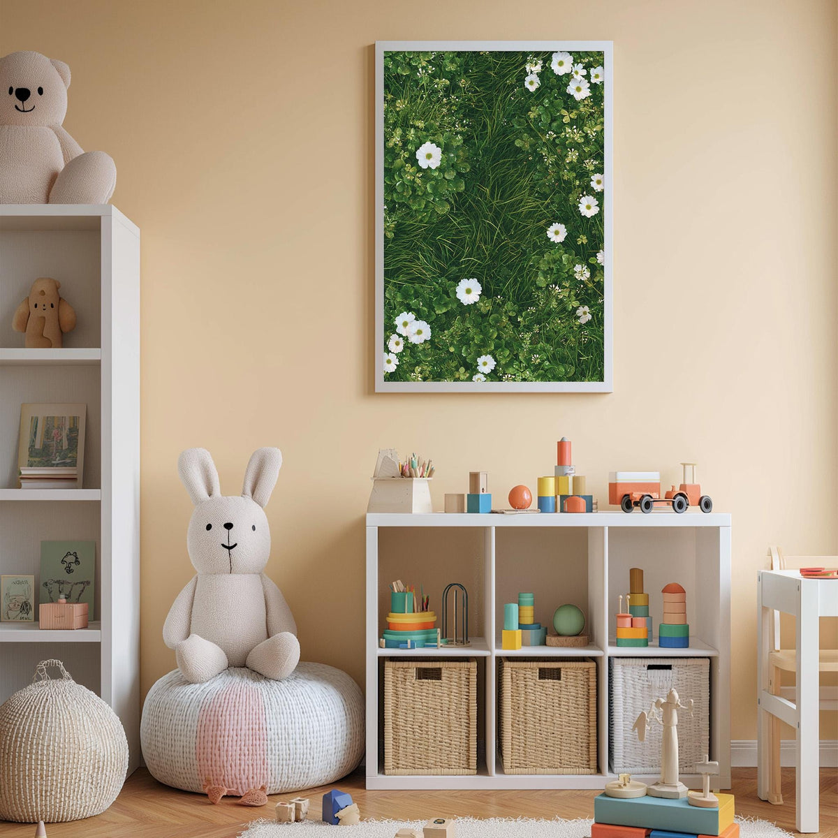 A cozy and colorful children's playroom with a white bookshelf, a plush bunny, and a toy train set. The room has a cheerful and inviting atmosphere, with a framed picture of flowers on the wall and various toys and storage bins scattered throughout the space.