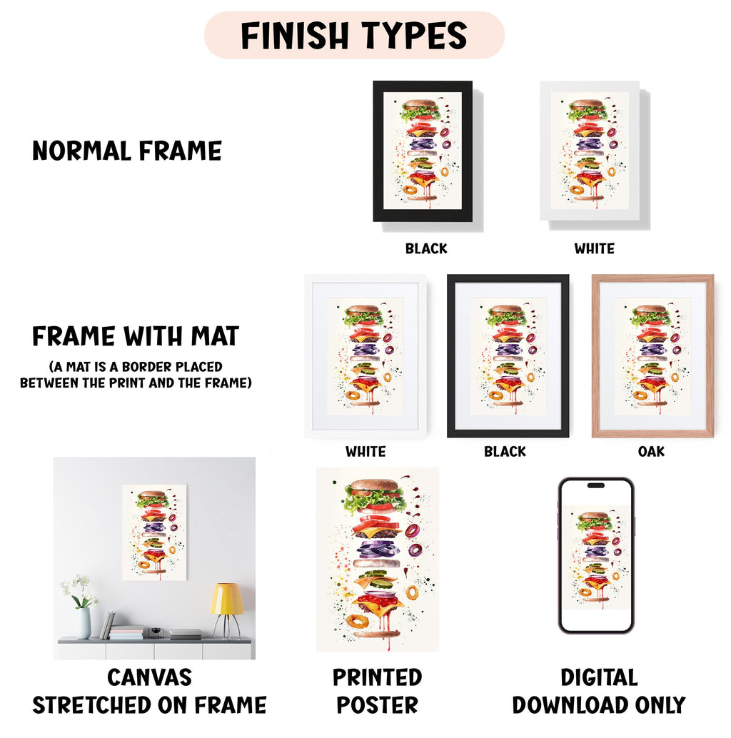 various framed artworks, including a canvas stretched on a frame, a framed poster, and a digital poster. The artworks are labeled with different finish types, such as "NORMAL FRAME", "FRAME WITH MAT", "WHITE", "BLACK", and "OAK". The artworks are also described as "CANVAS STRETCHED ON FRAME", "PRINTED POSTER", and "DIGITAL DOWNLOAD ONLY".