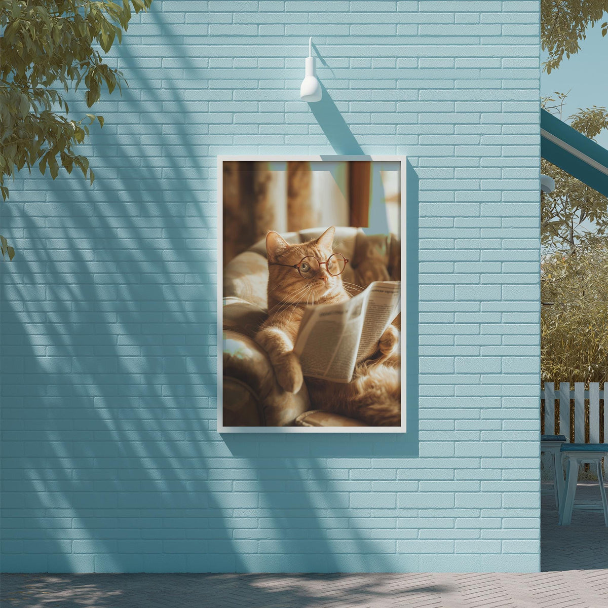 A framed image of a cat sitting on a couch and reading a book is displayed on a blue wall.