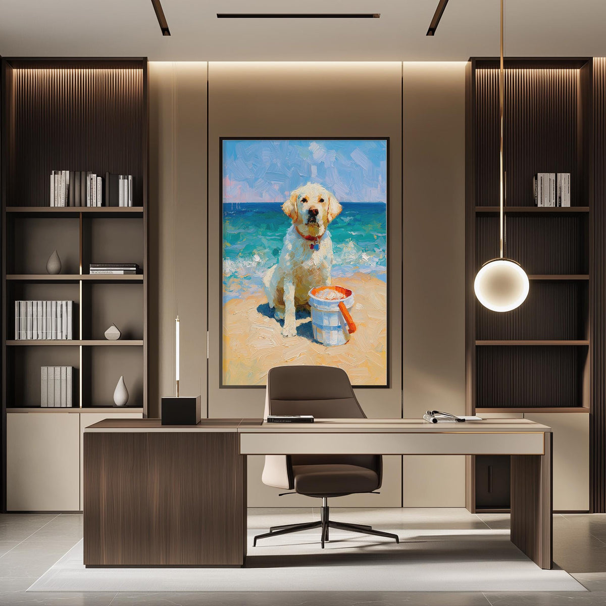 a large painting of a dog sitting on a beach, with a blue sky and ocean in the background. The painting is hanging on the wall above a desk with a chair in front of it.