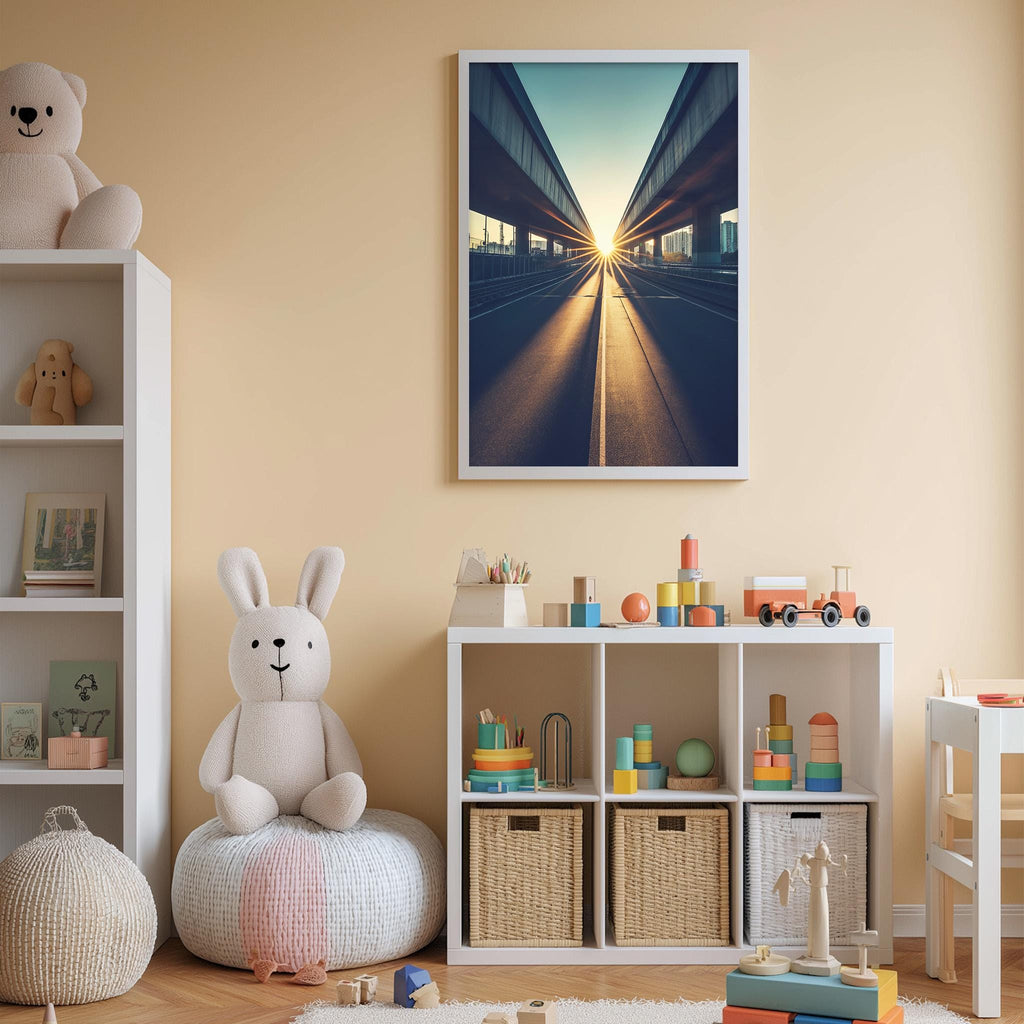 A cozy children's room with a large stuffed rabbit, a bookshelf, and a toy train set. The room has a warm, inviting atmosphere with a framed picture of a train track and a sunset in the background.