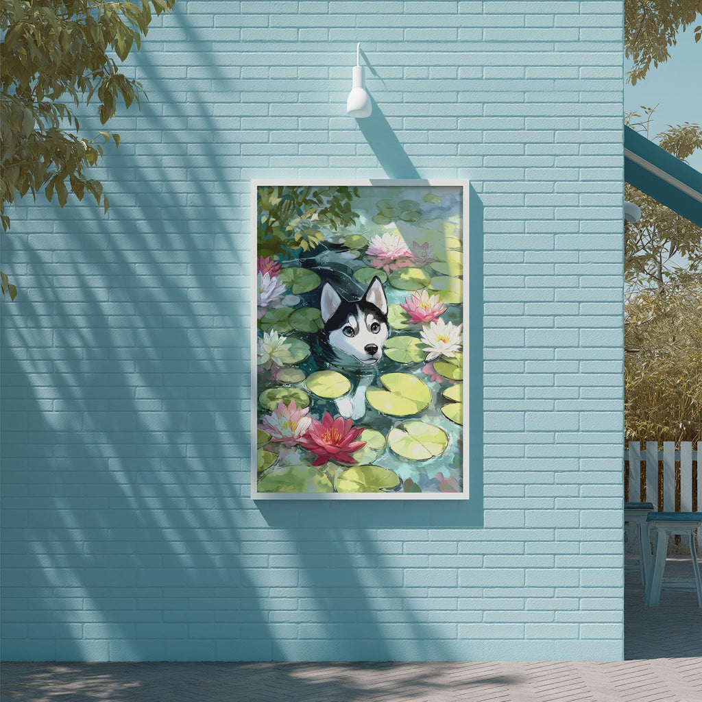 A framed painting of a husky dog peeking out from a pond filled with lily pads and pink flowers is displayed on a blue wall.