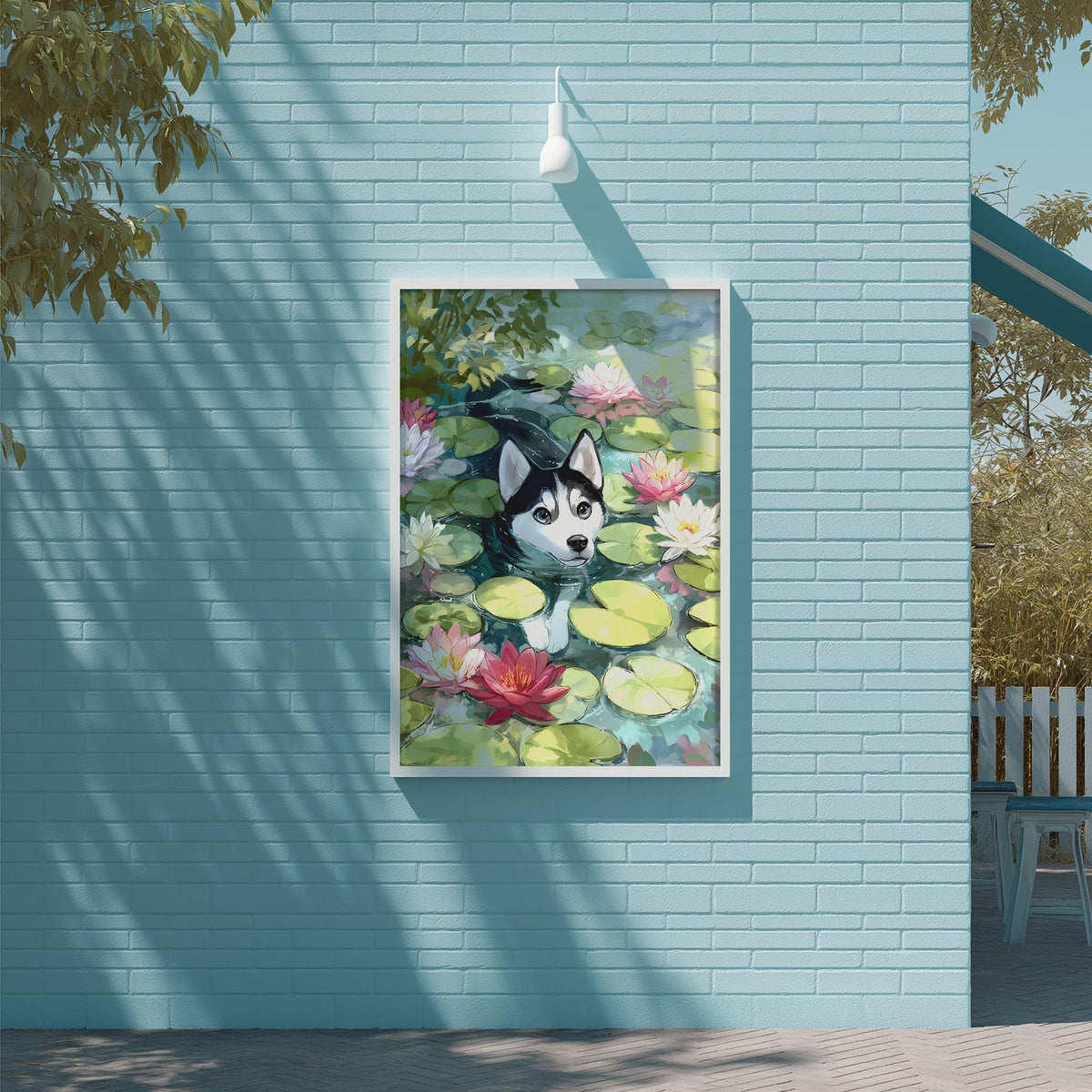 A framed painting of a husky dog peeking out from a pond filled with lily pads and pink flowers is displayed on a blue wall.