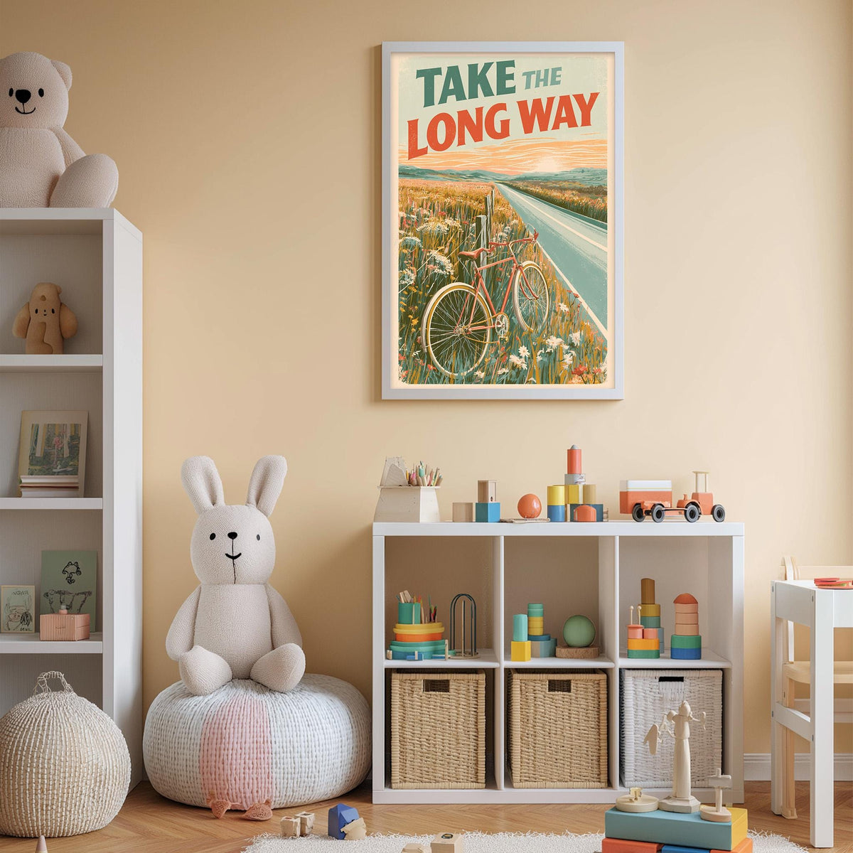 A child's bedroom with a bicycle poster on the wall, a stuffed rabbit, and a toy shelf filled with various toys.