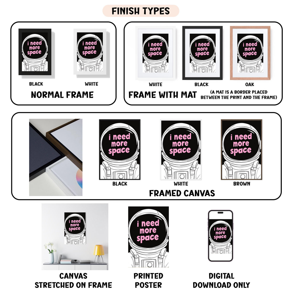 various finish types for a framed artwork, including a normal frame, a frame with a mat, a black frame, a white frame, a black frame, a white frame with a mat, a black framed canvas, a framed canvas, a stretched canvas, a printed poster, and a digital download only.