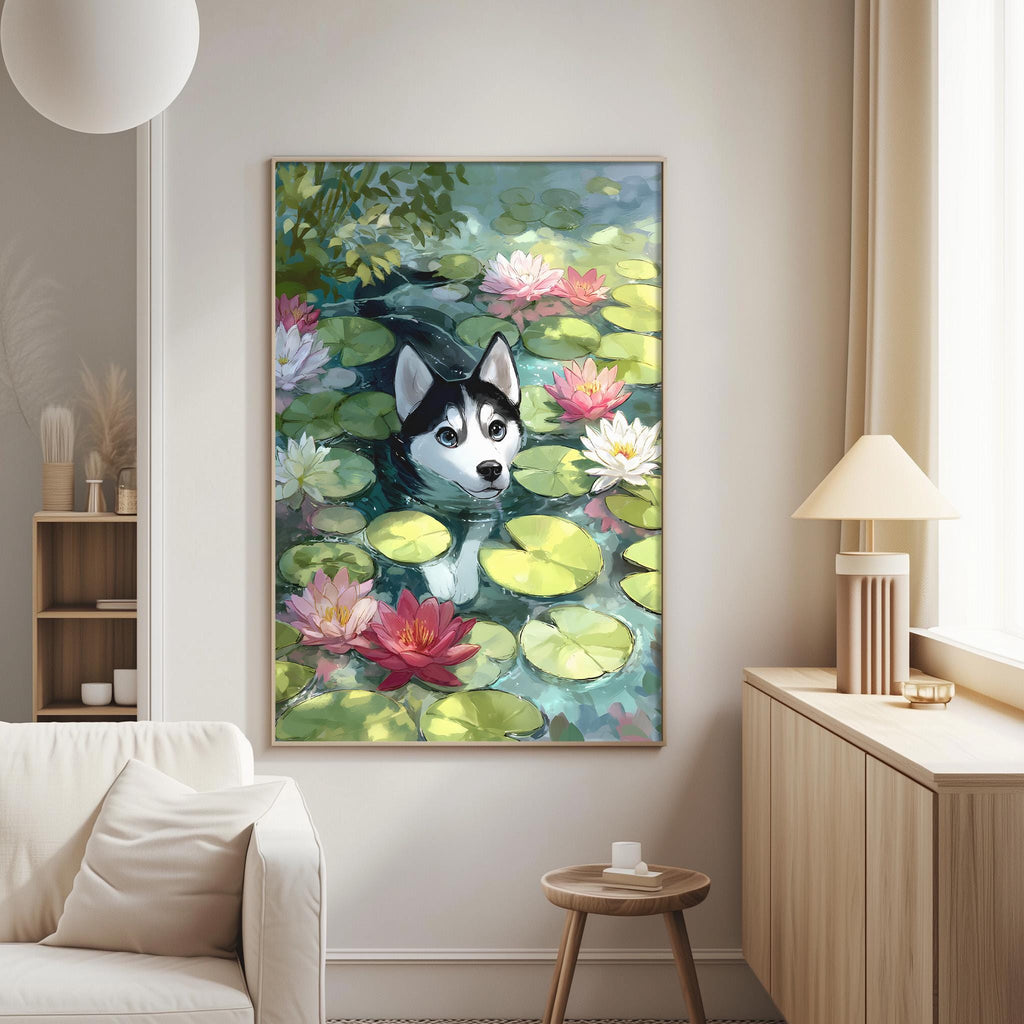 a large painting of a husky dog swimming in a pond filled with lily pads and pink flowers.