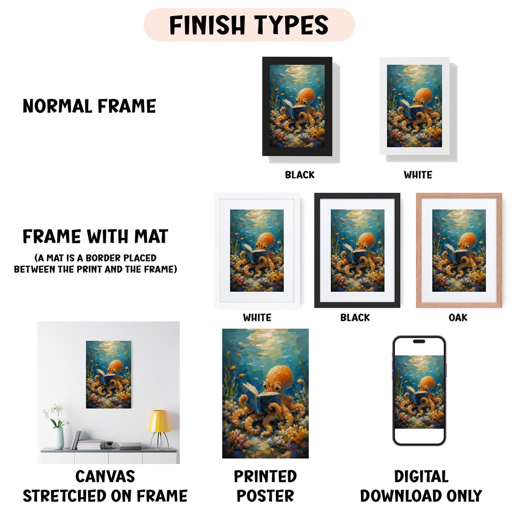 various types of artwork, including a painting of an octopus, framed artworks, and digital art. The artwork is presented in different frame styles, such as a normal frame, a frame with a mat, and a white frame. The artwork is also categorized as a canvas stretched on a frame, a printed poster, and a digital download only. The image is described in terms of its content, such as the presence of an octopus, the use of a mat as a border, and the different frame styles.