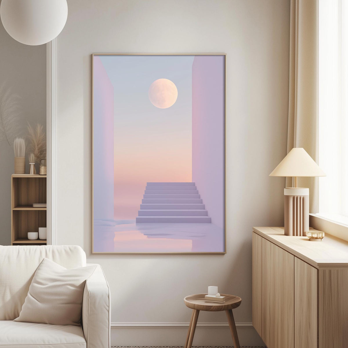 a serene and modern living room with a large, abstract painting hanging on the wall. The painting features a staircase leading up to a large, glowing moon in a pink and purple sky. The room is furnished with a white sofa, a wooden side table, and a lamp, creating a cozy and inviting atmosphere.