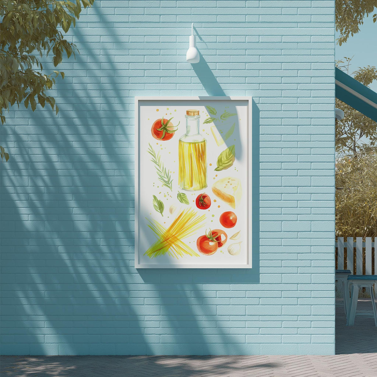a framed illustration of various food items, including tomatoes, basil, and garlic, displayed on a blue brick wall.
