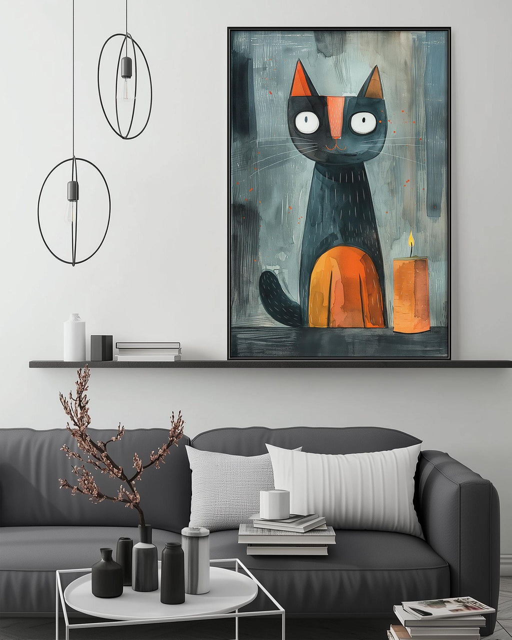 a modern living room with a gray sofa, a coffee table, and a large abstract painting of a cat with orange and black accents hanging on the wall above the sofa.