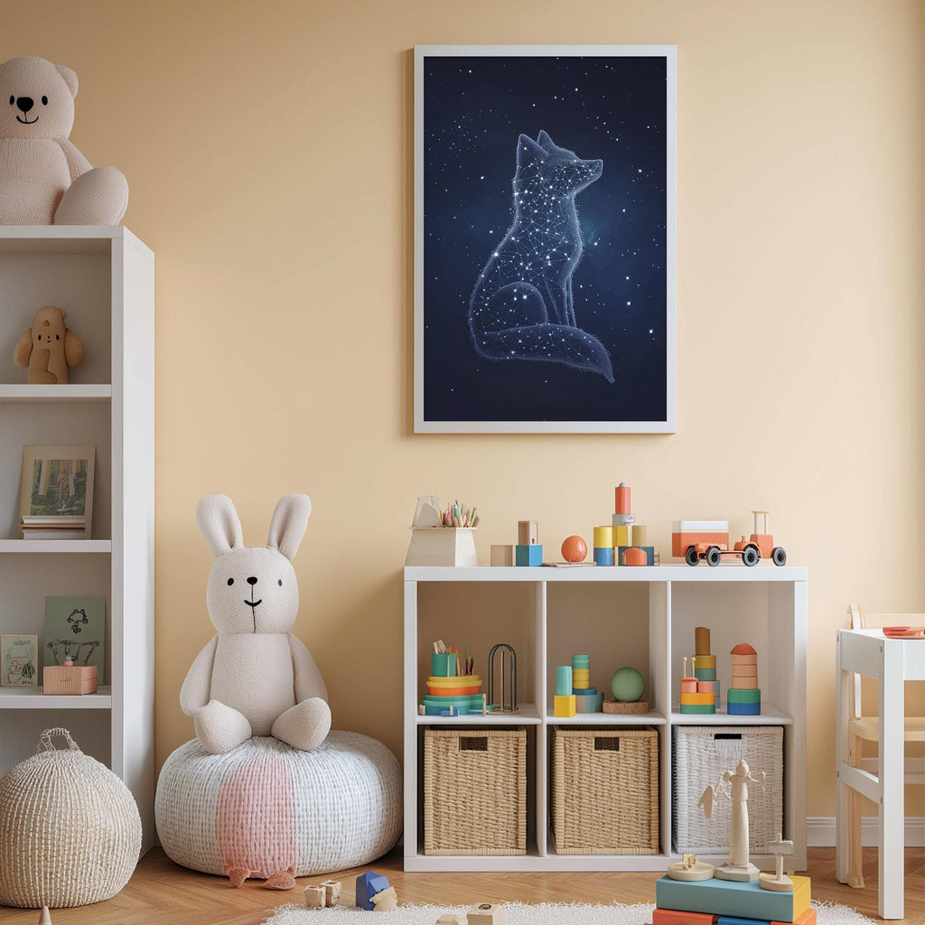 A cozy children's bedroom with a bookshelf, a stuffed rabbit, and a toy train. The walls are painted a light peach color, and there is a framed picture of a fox on the wall.