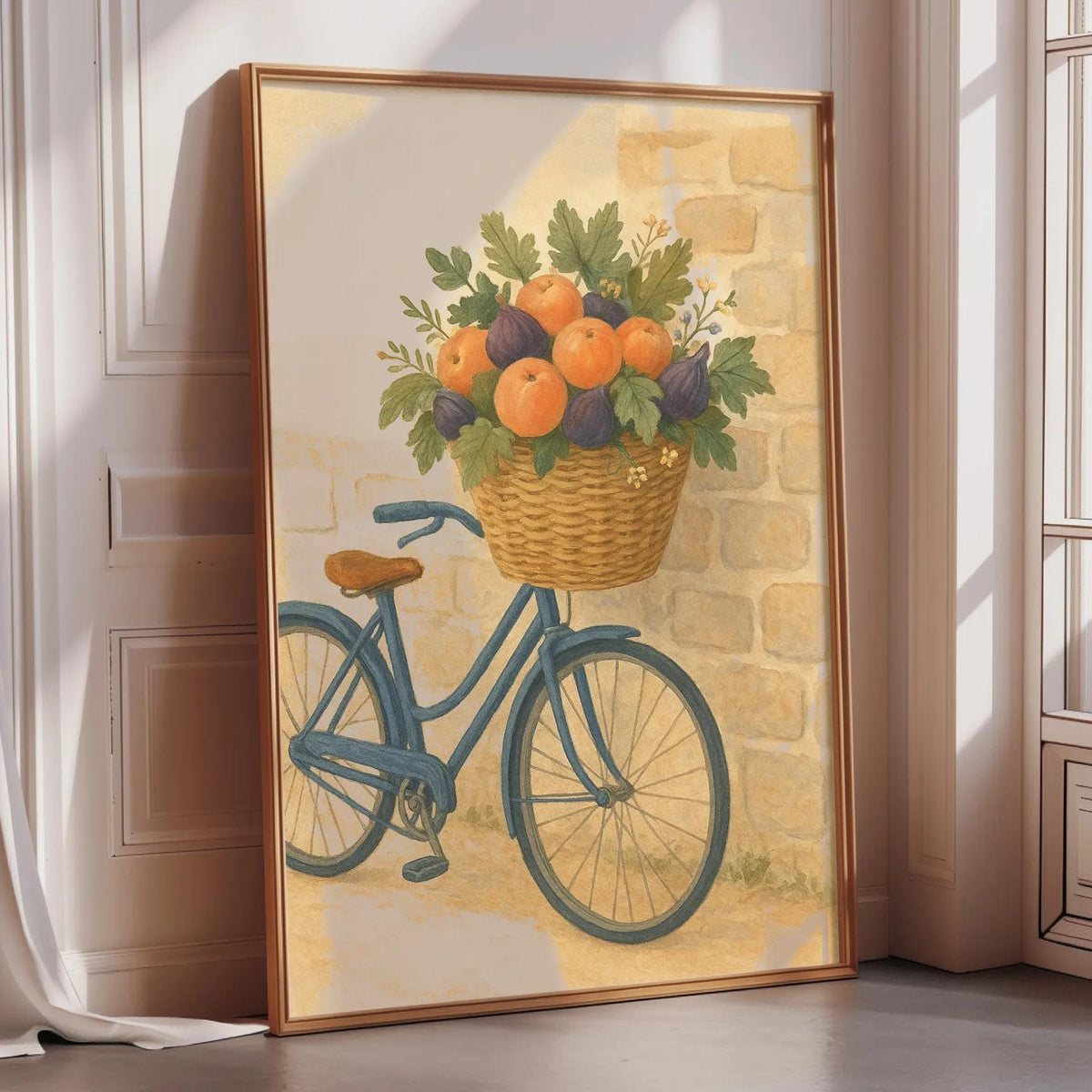 A framed painting depicting a blue bicycle with a basket filled with fresh fruit, including oranges and plums, against a brick wall.