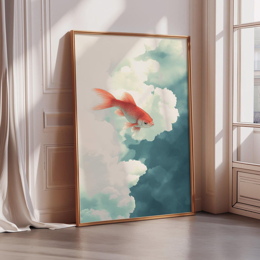 a large framed painting depicting a red fish swimming in the sky, surrounded by clouds.