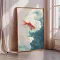 a large framed painting depicting a red fish swimming in the sky, surrounded by clouds.