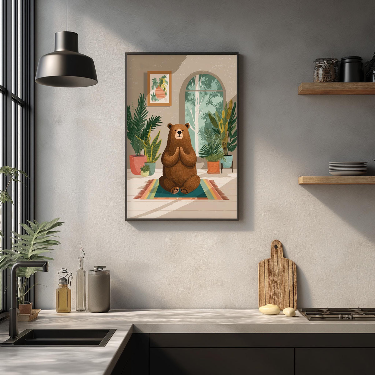 a kitchen scene with a framed illustration of a bear sitting on a rug, surrounded by potted plants and a wooden cutting board.