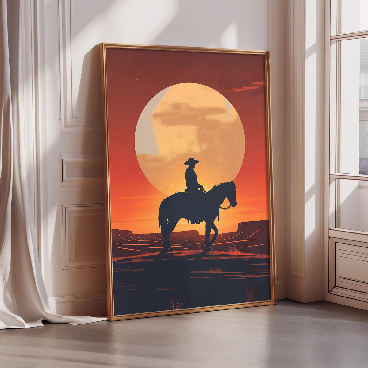 a cowboy riding a horse against the backdrop of a large, glowing orange moon.