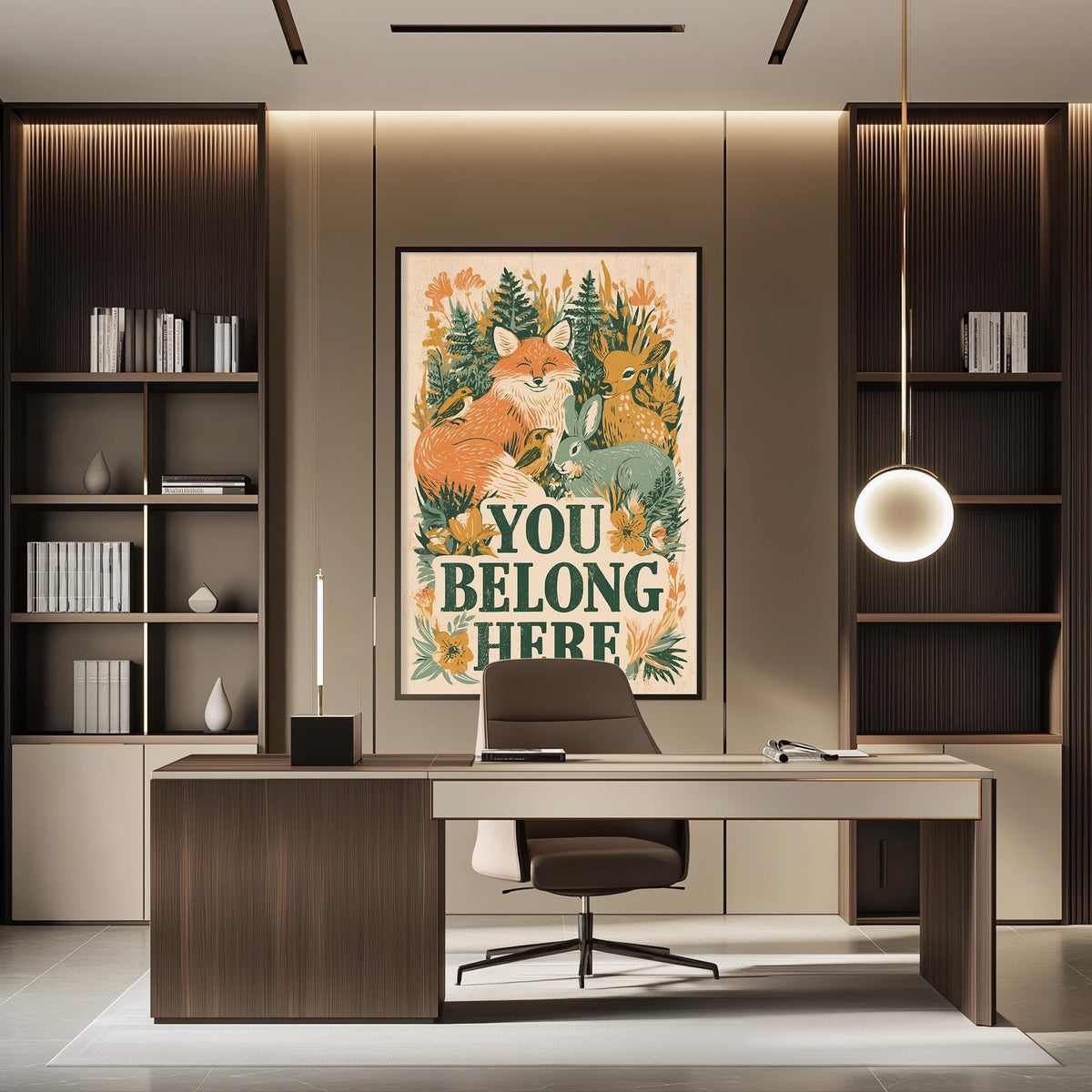a modern office space with a large framed poster of a fox and other animals on the wall, a wooden desk with a chair, and built-in bookshelves.