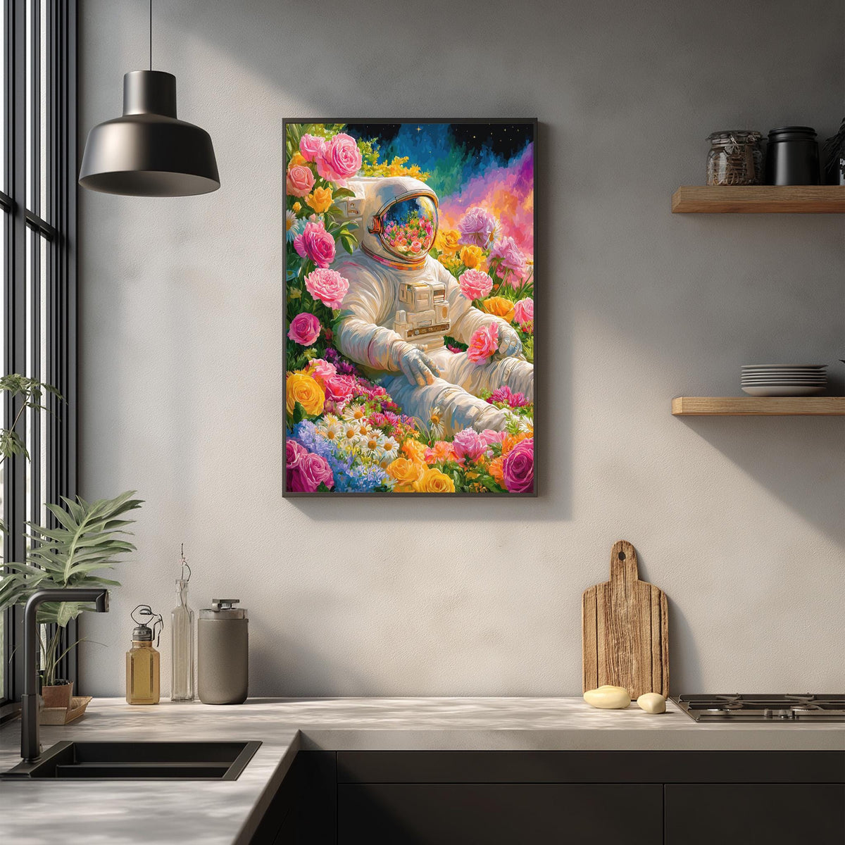 a vibrant painting of an astronaut floating in a colorful, floral-filled space, surrounded by a rainbow of flowers and plants.