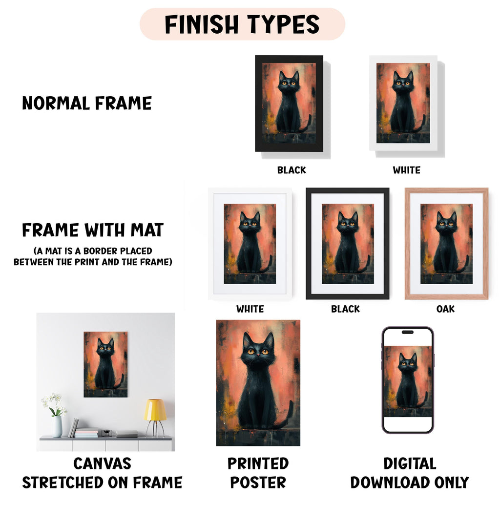 various types of artwork, including a framed painting of a black cat, a framed poster of a black cat, and a framed poster of a black cat. The artwork is displayed in different frame styles, such as a normal frame, a frame with a mat, and a white frame. The artwork is also categorized as a canvas stretched on a frame, a printed poster, and a digital download only.