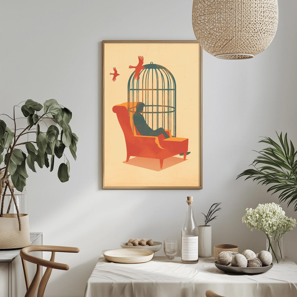a dining table with a white tablecloth, a bowl of fruit, a bottle, and a vase with flowers. Above the table, there is a framed illustration of a person sitting in a chair inside a birdcage.