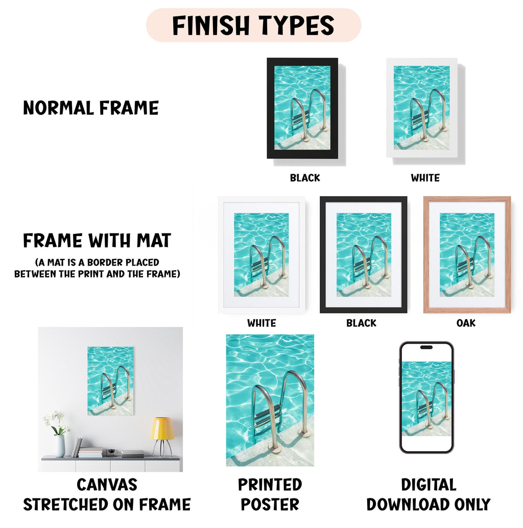 various framed artworks depicting different types of artwork, including a painting of a swimming pool with a ladder. The artworks are labeled with different finish types, such as "NORMAL FRAME", "FRAME WITH MAT", "WHITE", "BLACK", "OAK", and "DIGITAL DOWNLOAD ONLY". The artworks are also described as "CANVAS STRETCHED ON FRAME", "PRINTED POSTER", and "DIGITAL DOWNLOAD ONLY".