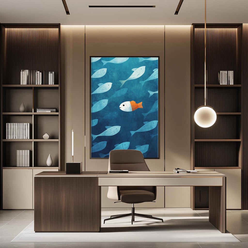 a modern office space with a large framed artwork of fish swimming in the background, a wooden desk with a chair, and built-in bookshelves on either side.