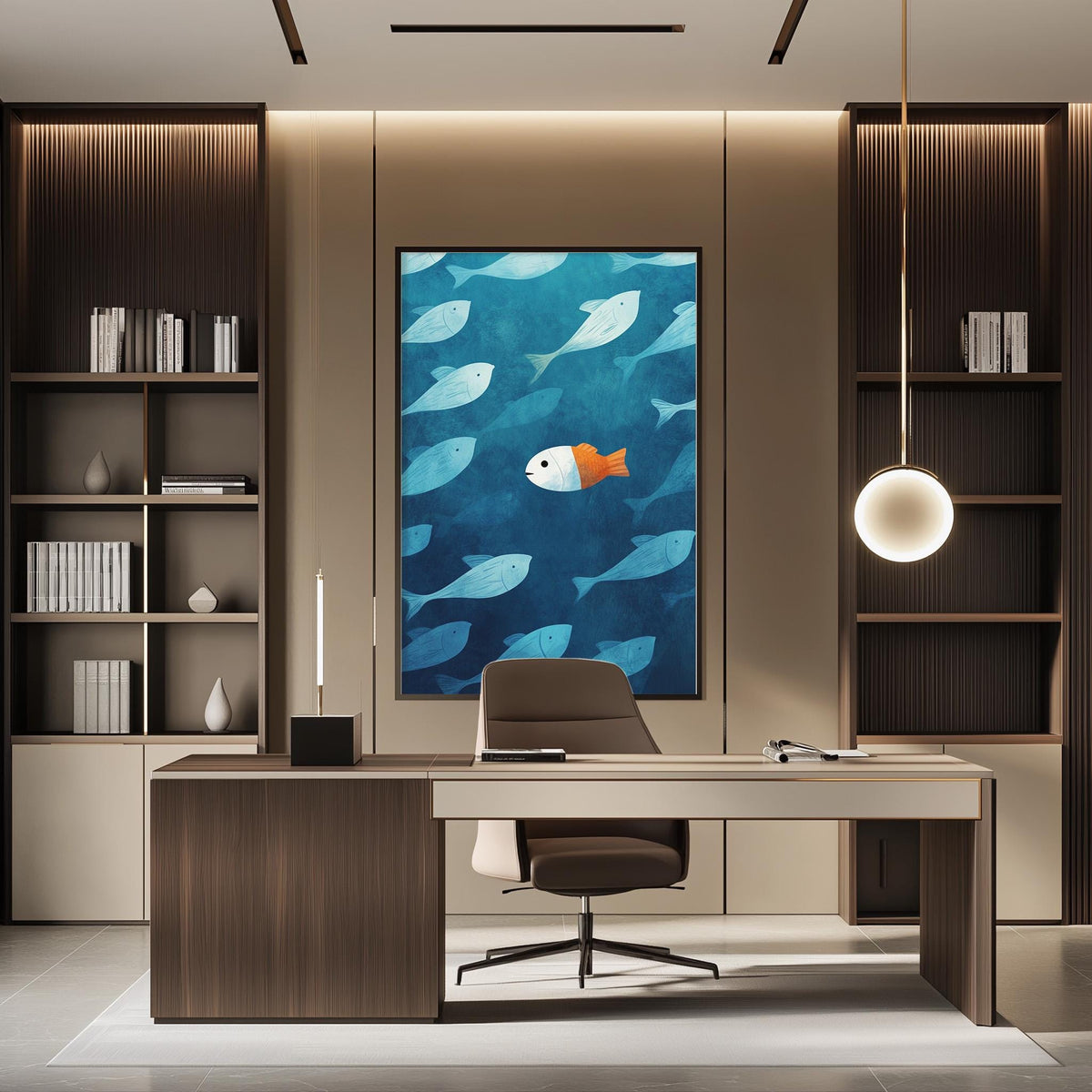 a modern office space with a large framed artwork of fish swimming in the background, a wooden desk with a chair, and built-in bookshelves on either side.