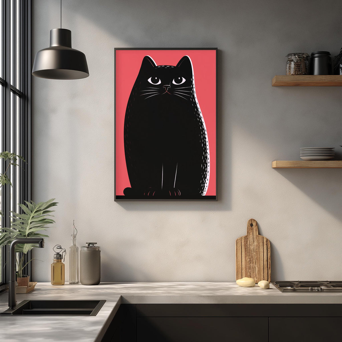 a kitchen counter with a framed black cat illustration on the wall above it. The kitchen counter also has various kitchen items such as a cutting board, a knife, and a bottle.