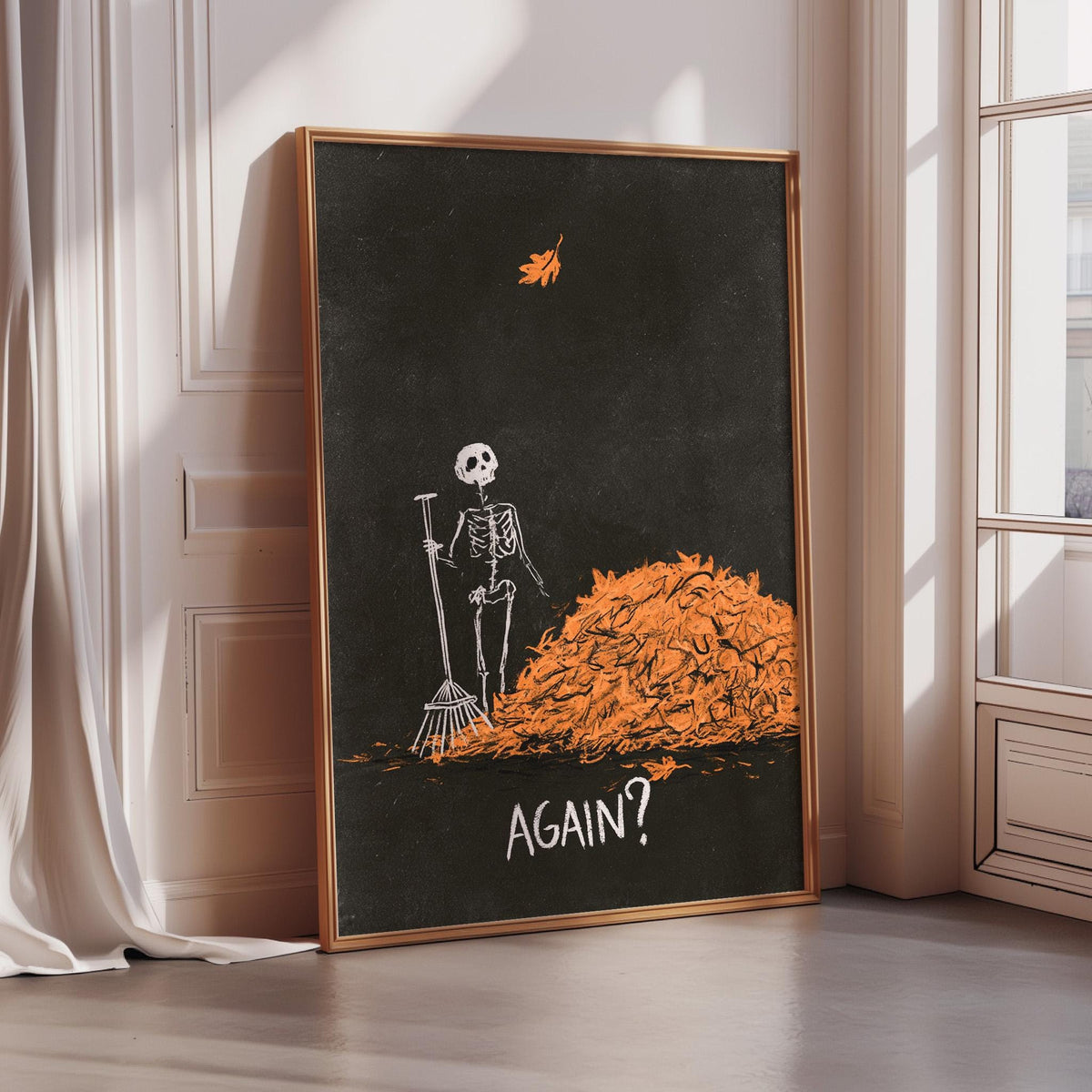 a skeleton standing in front of a pile of orange leaves, with the word "AGAIN?" written below the skeleton.