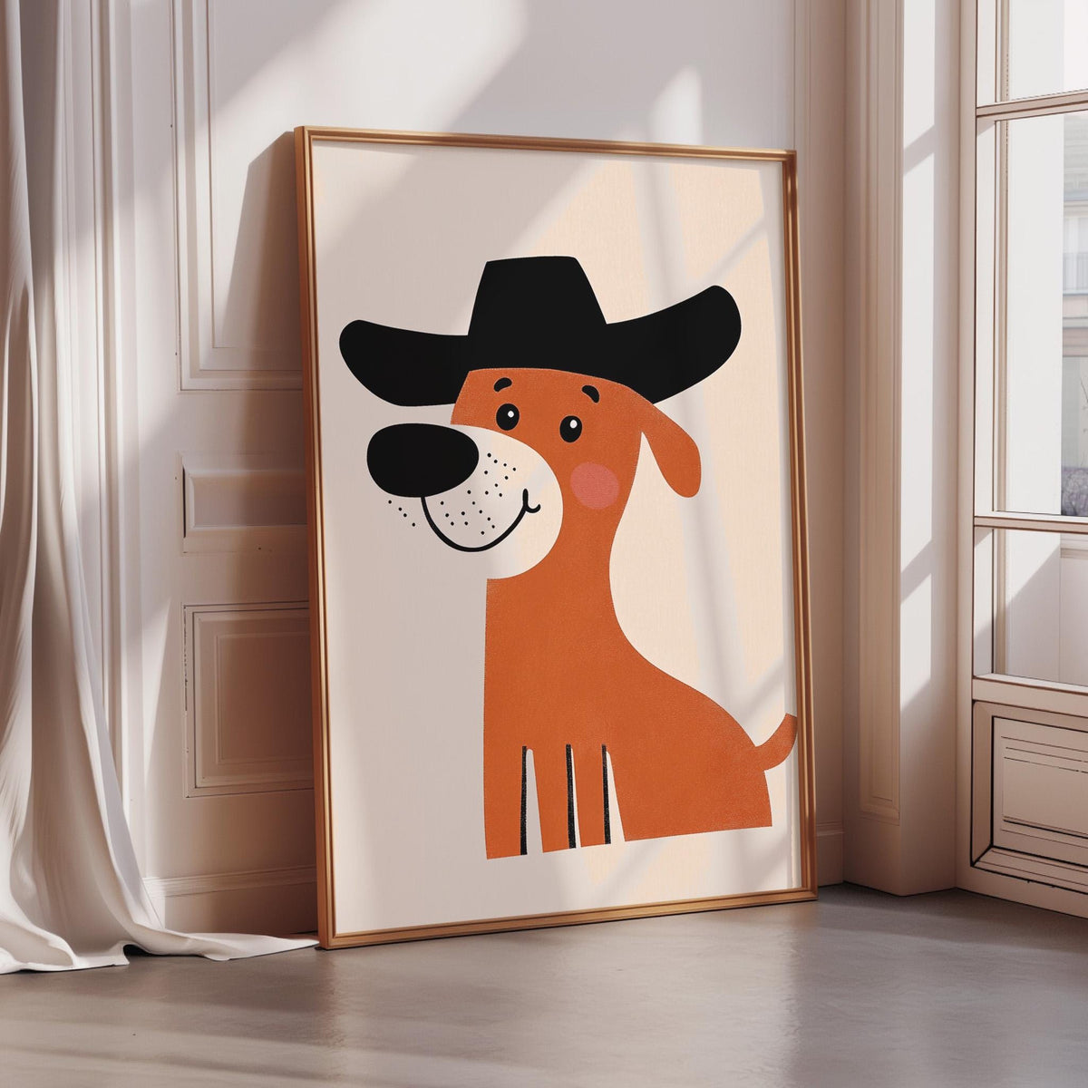 A framed illustration of a cartoon dog wearing a black cowboy hat is displayed on a wall.