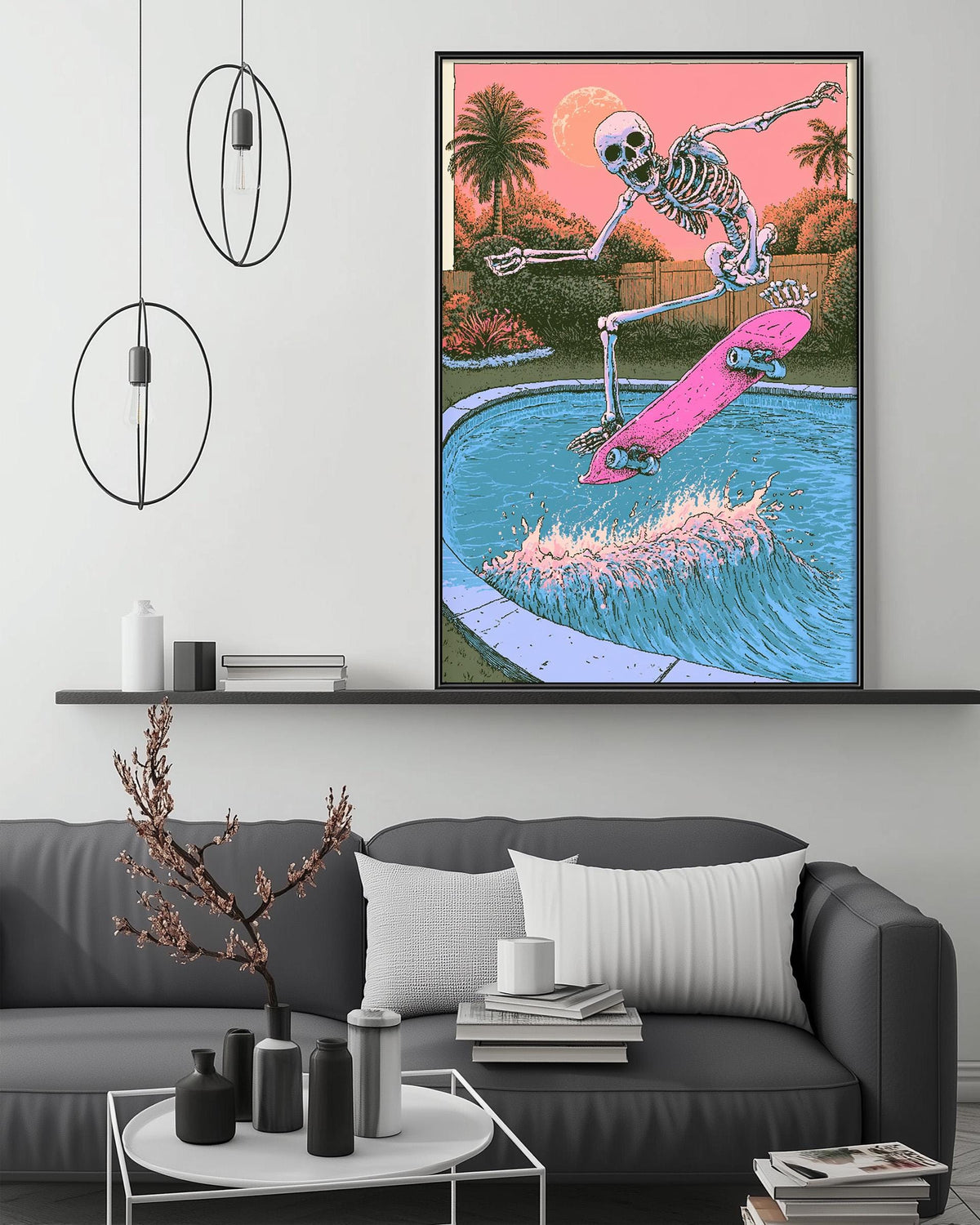 a large, colorful painting of a skeleton riding a skateboard on a body of water, with a tropical background.