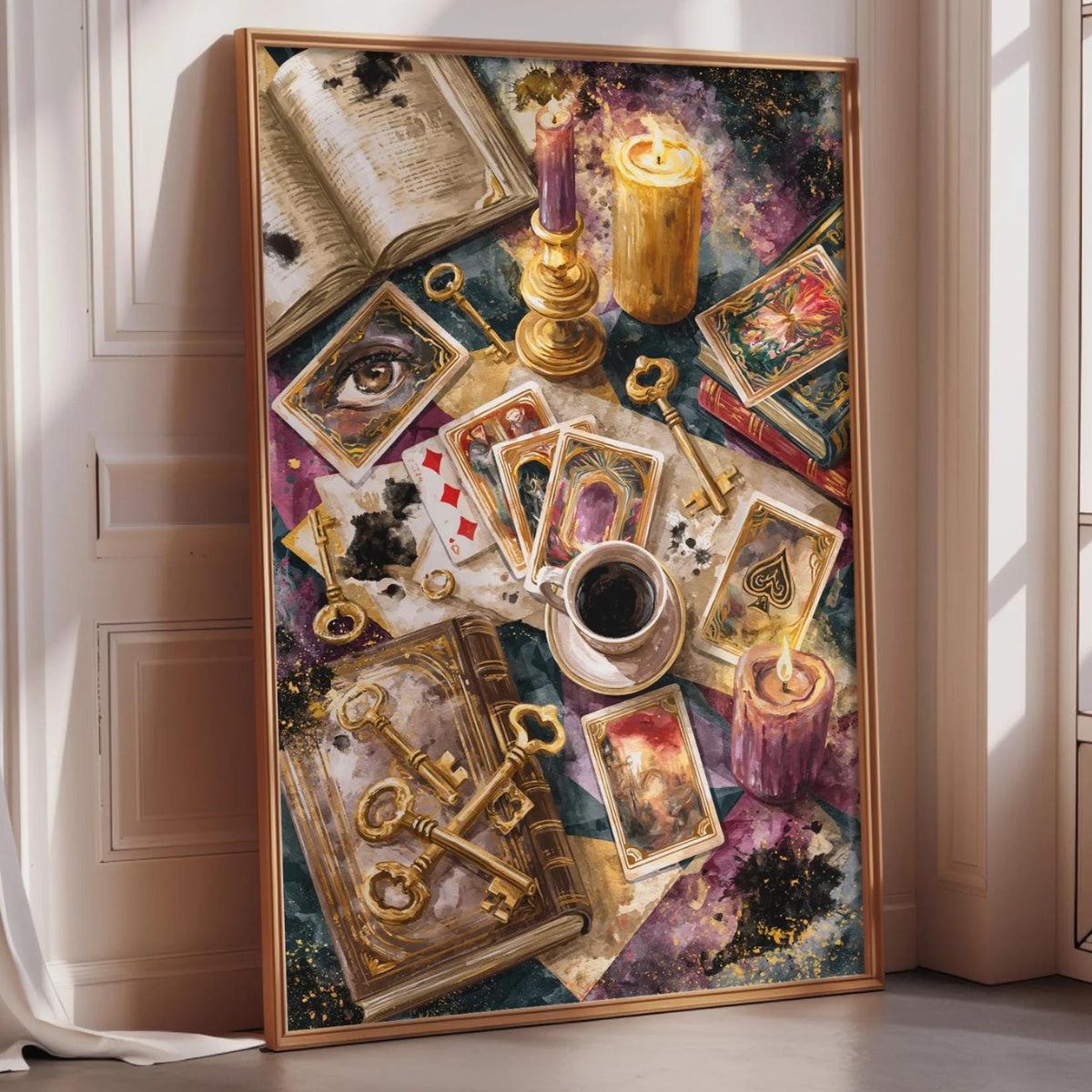 The image is a framed artwork depicting a collection of various objects, including a book, keys, a candle, and playing cards, arranged in a visually interesting and artistic manner.