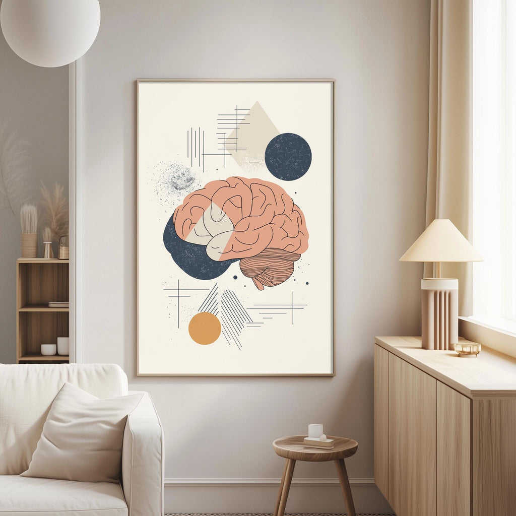 a living room with a white sofa, a wooden side table, and a framed abstract art piece depicting a brain with geometric shapes surrounding it.