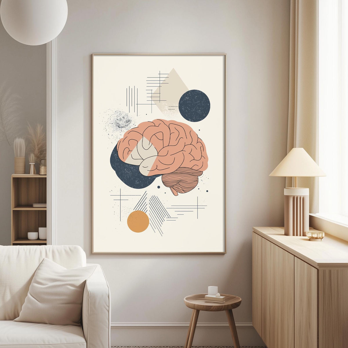 a living room with a white sofa, a wooden side table, and a framed abstract art piece depicting a brain with geometric shapes surrounding it.