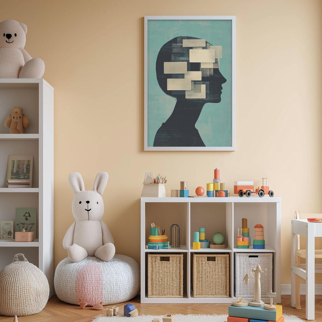 A child's bedroom with a white bookshelf, a stuffed rabbit, a toy train, and a framed artwork on the wall.