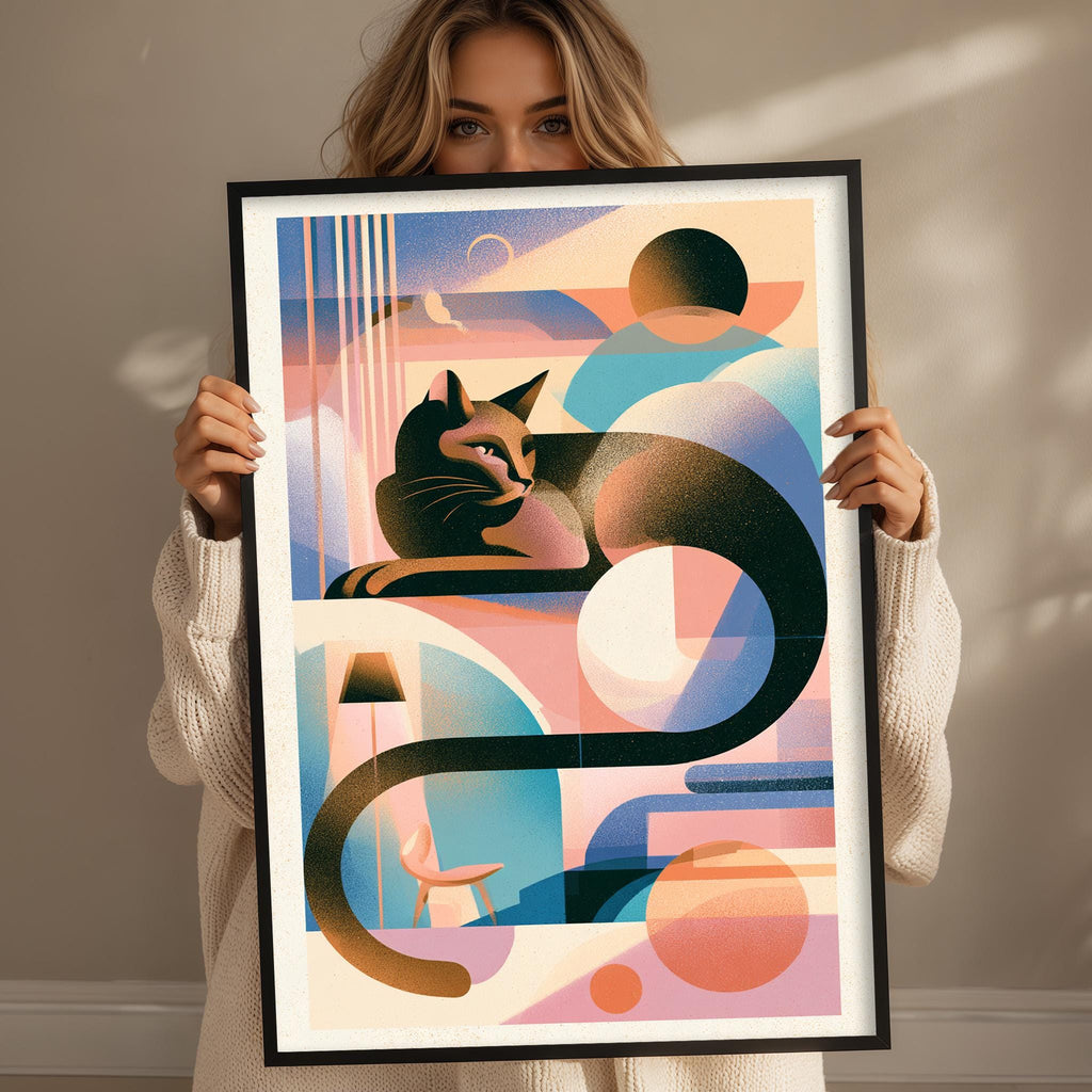 A woman is holding up a framed abstract art piece featuring a cat and various geometric shapes and patterns.