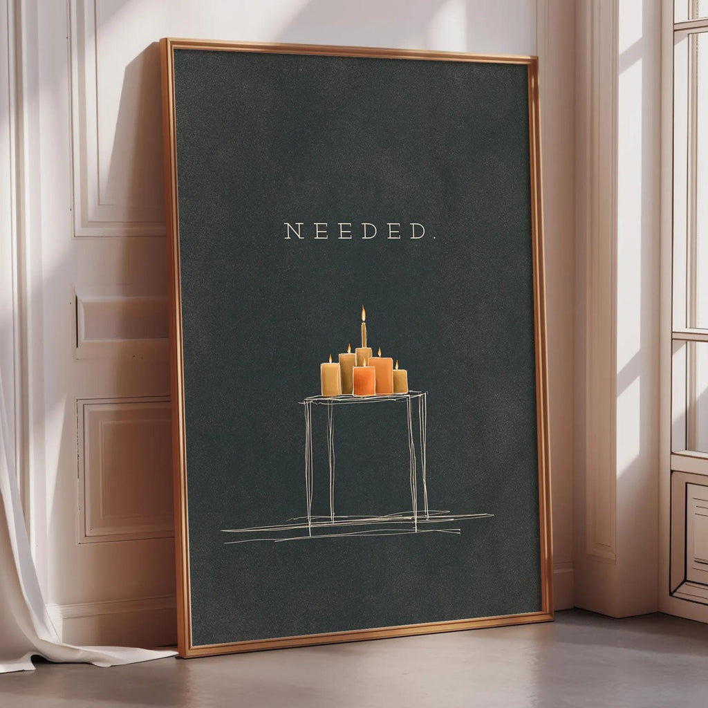 a large black poster with a drawing of a table and candles on it, placed on a wooden floor next to a window.