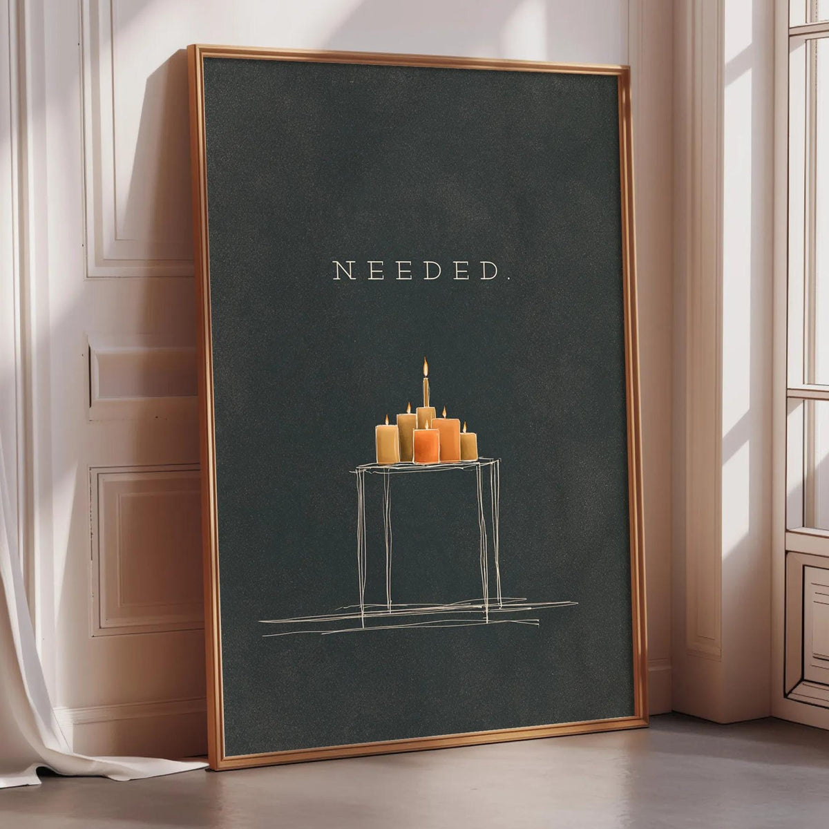a large black poster with a drawing of a table and candles on it, placed on a wooden floor next to a window.