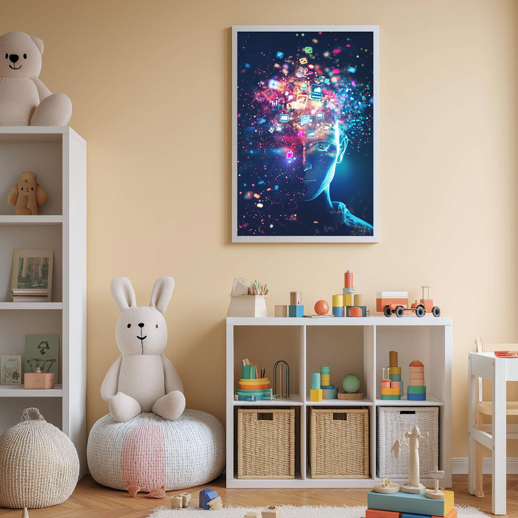 a child's bedroom with a large poster of a person's face on the wall, surrounded by toys and storage bins.