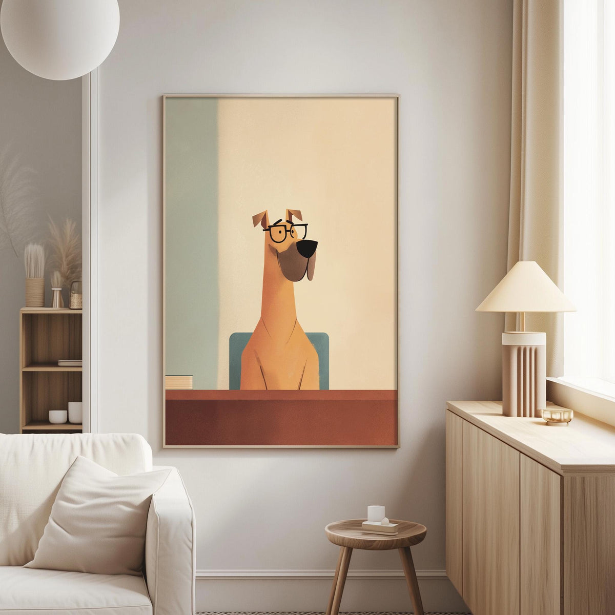 a cozy living room with a large painting of a dog wearing glasses, sitting at a desk. The room has a white couch, a wooden side table, and a lamp on a nearby table.
