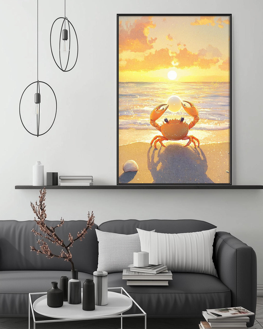 a large framed painting of a crab on a beach at sunset, hanging on a wall above a gray couch with a coffee table in front of it.