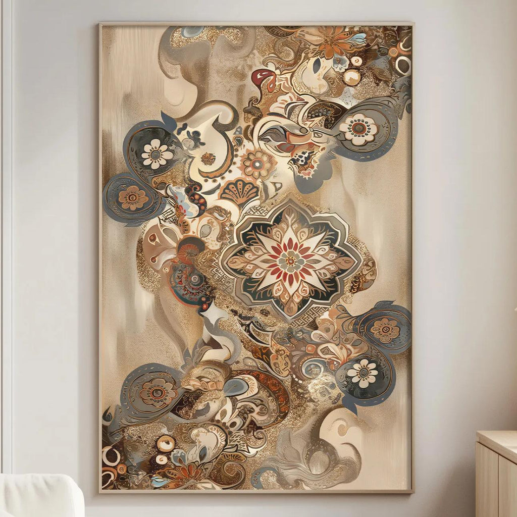 a living room with a large, ornate, and colorful abstract painting hanging on the wall. The painting is a focal point in the room, with a white sofa and a wooden side table nearby. The overall decor has a warm and inviting atmosphere, with the painting adding a touch of artistic flair to the space.