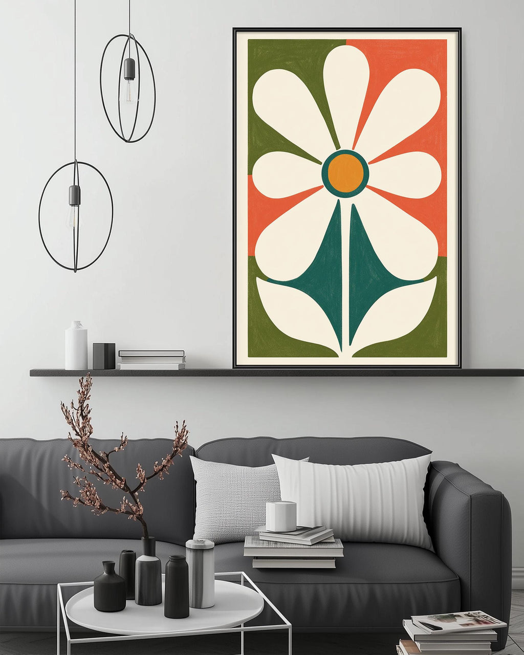 a modern living room with a gray sofa, a coffee table, and a large abstract floral print hanging on the wall above the sofa.