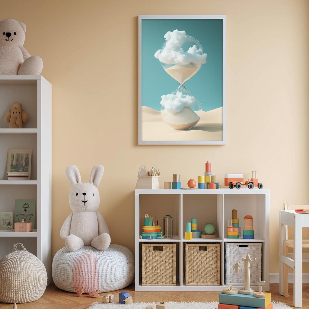 A cozy children's room with a white bookshelf, a plush rabbit, and a colorful toy box filled with toys. A framed artwork of a cloud-like object is displayed on the wall above the bookshelf.