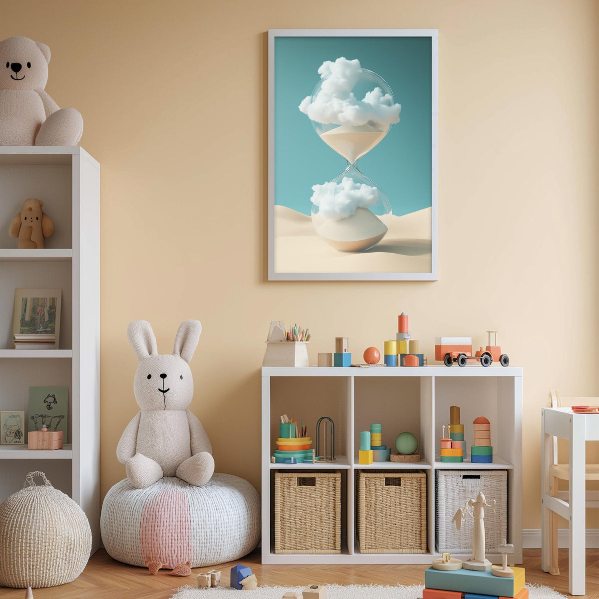 A cozy children's room with a white bookshelf, a plush rabbit, and a colorful toy box filled with toys. A framed artwork of a cloud-like object is displayed on the wall above the bookshelf.