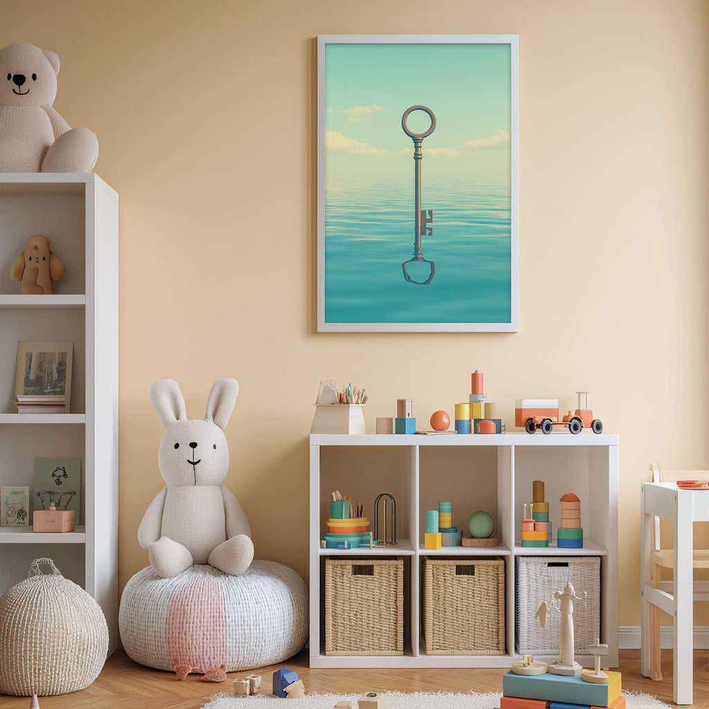 A cozy children's room with a large stuffed bunny, a bookshelf, and a toy chest filled with toys. The room has a warm, inviting atmosphere with a framed image of a key floating in the air above the toy chest.