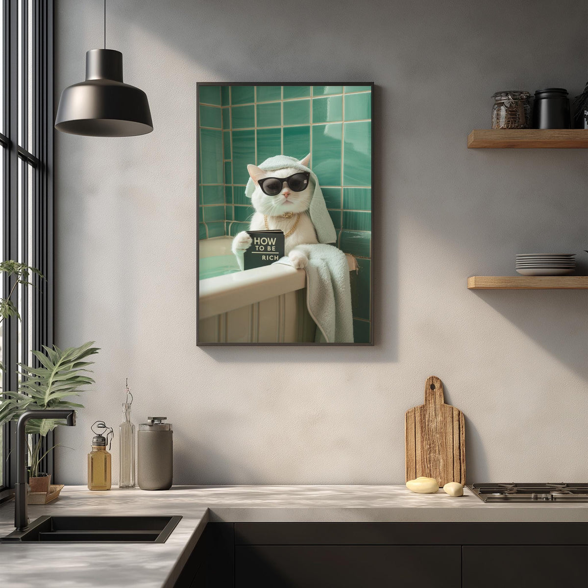 A framed image of a cat wearing sunglasses and a robe, sitting in a bathtub, with the text "HOW TO BE" written on it.