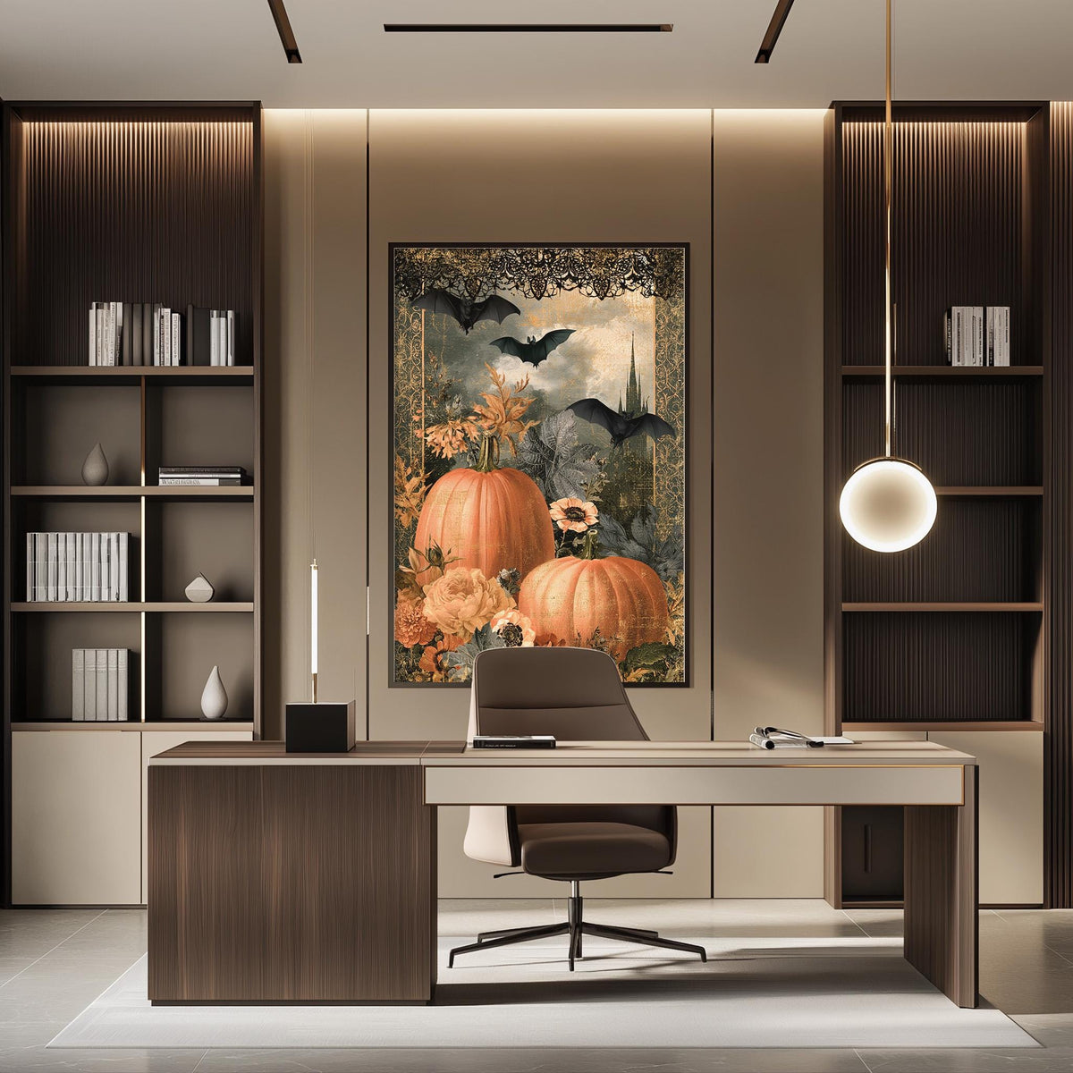 a modern office space with a large framed artwork of pumpkins and bats hanging on the wall. The office features a wooden desk, a comfortable chair, and a bookshelf filled with books. The overall design has a warm and inviting atmosphere.