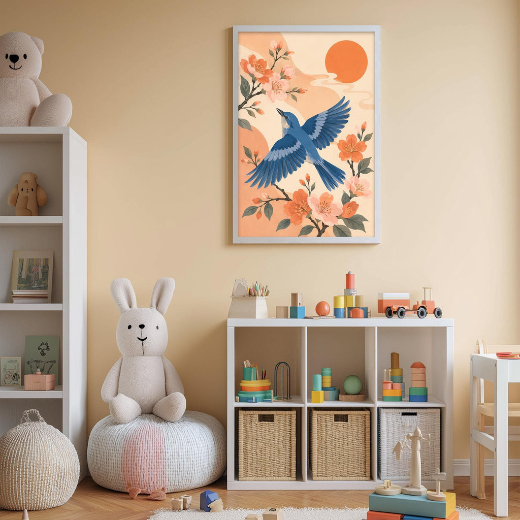 A cozy children's room with a white bookshelf, a plush bunny, and a colorful toy box filled with toys. A framed picture of a blue bird in flight is hanging on the wall above the bookshelf.