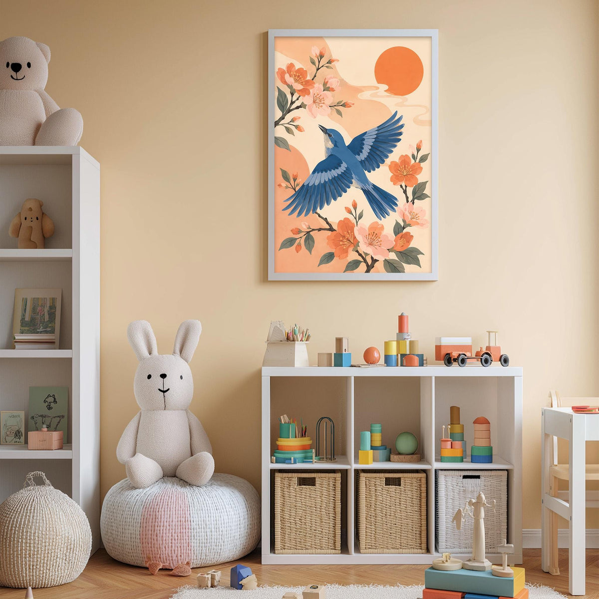 A cozy children's room with a white bookshelf, a plush bunny, and a colorful toy box filled with toys. A framed picture of a blue bird in flight is hanging on the wall above the bookshelf.